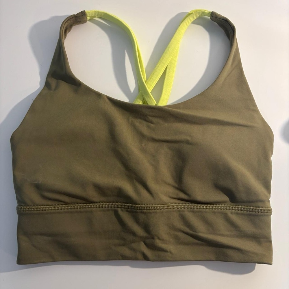 Lululemon Olive Green Sports Bra with Neon Yellow Straps